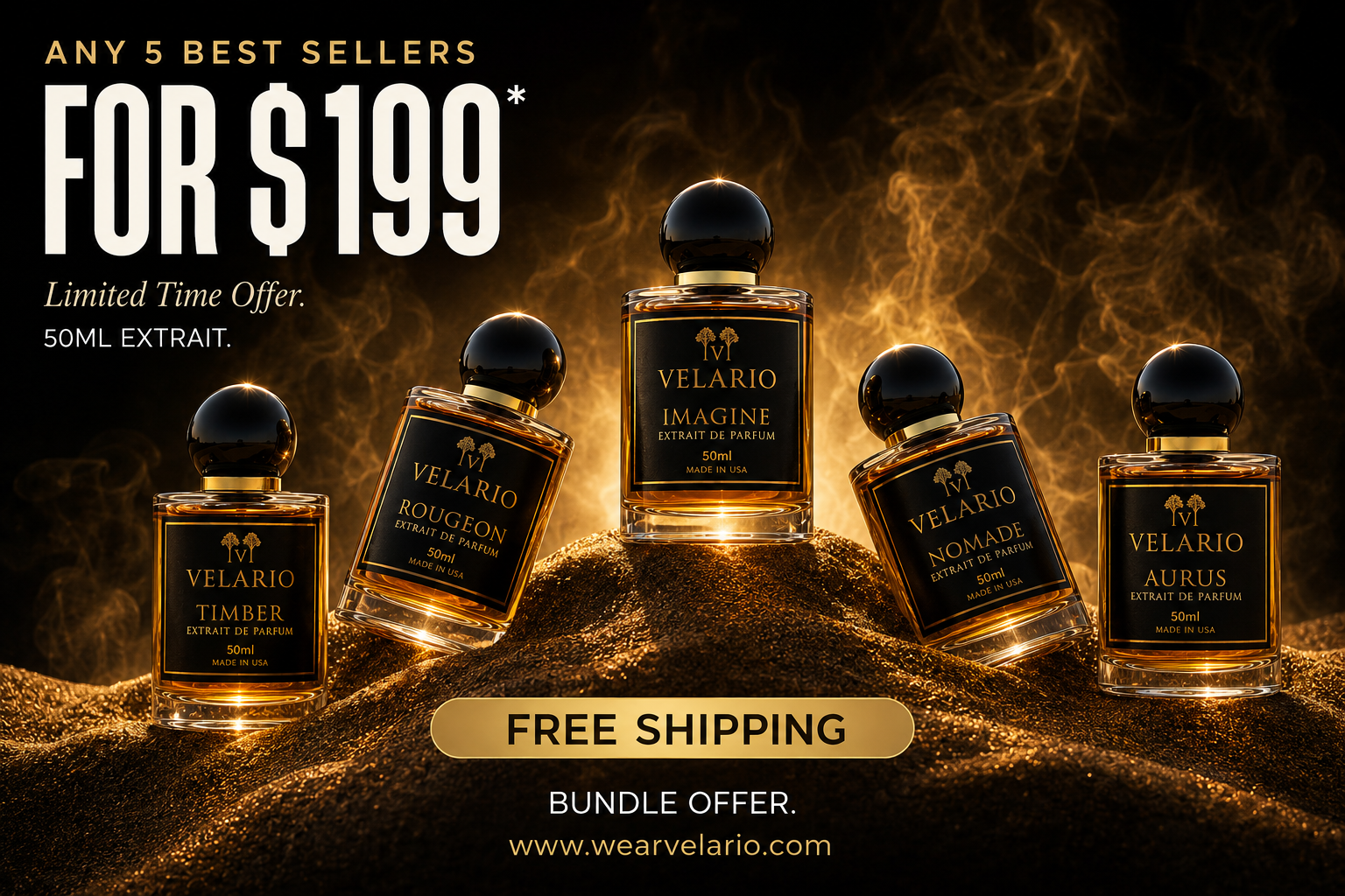 Velario Full Wardrobe — five 50ml Extrait de Parfum bottles, designer-inspired luxury fragrance bundle