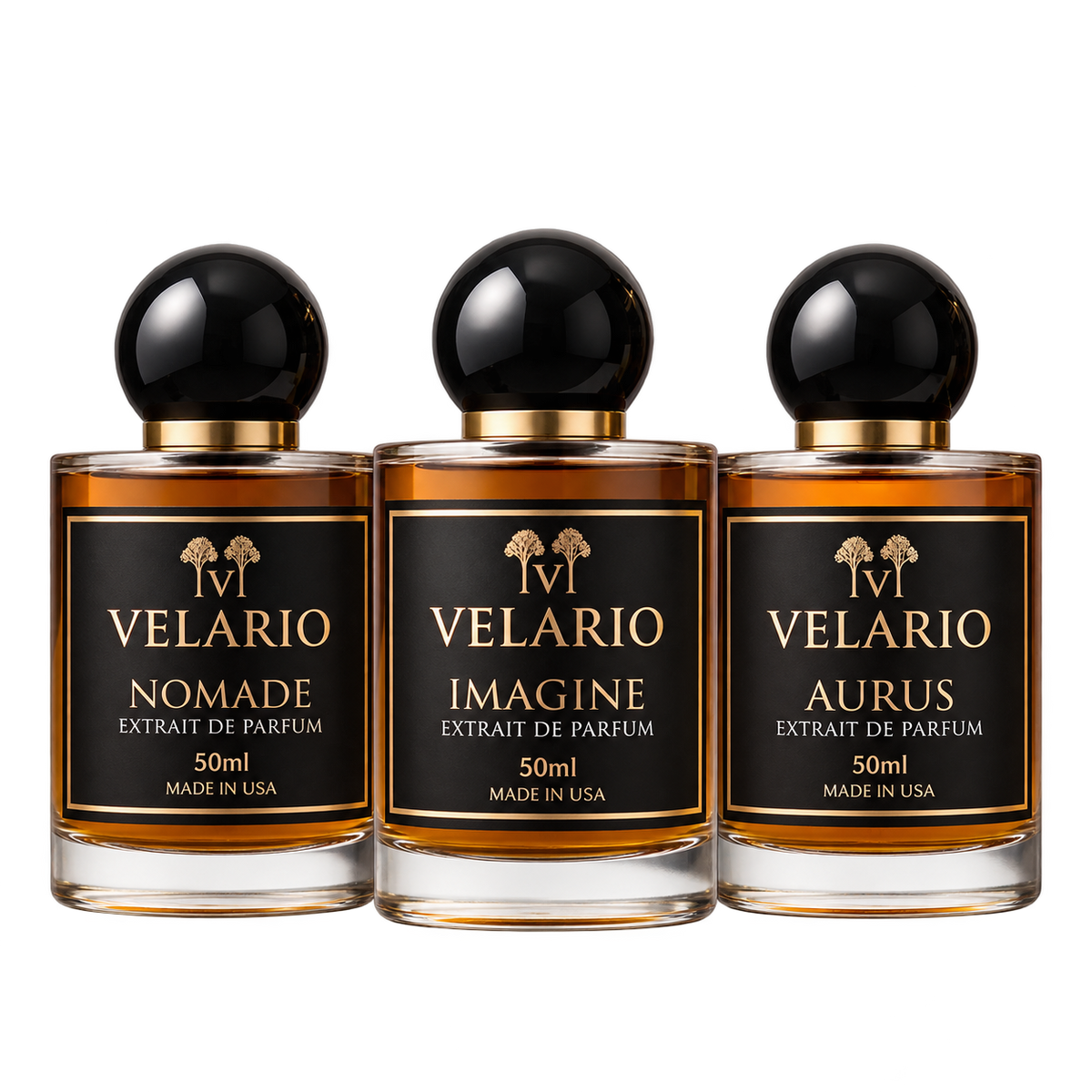 Velario Signature Trio — three luxury 50ml fragrance bottles on a transparent studio background