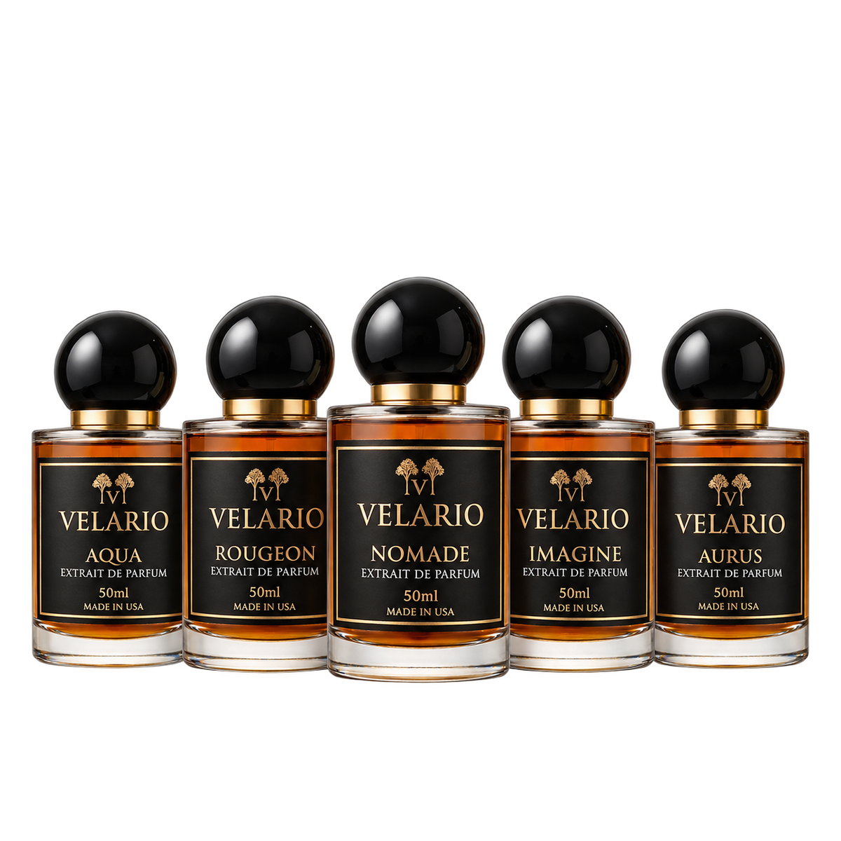 Velario Full Wardrobe — five luxury 50ml fragrance bottles on a transparent studio background