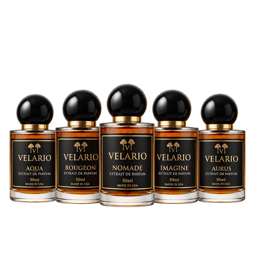 Velario Full Wardrobe — five luxury 50ml fragrance bottles on a transparent studio background