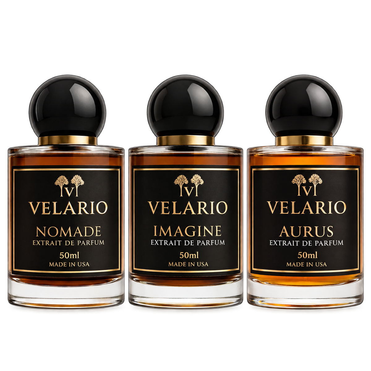 Velario Curated Trio three fragrance bottles — photographic studio collection