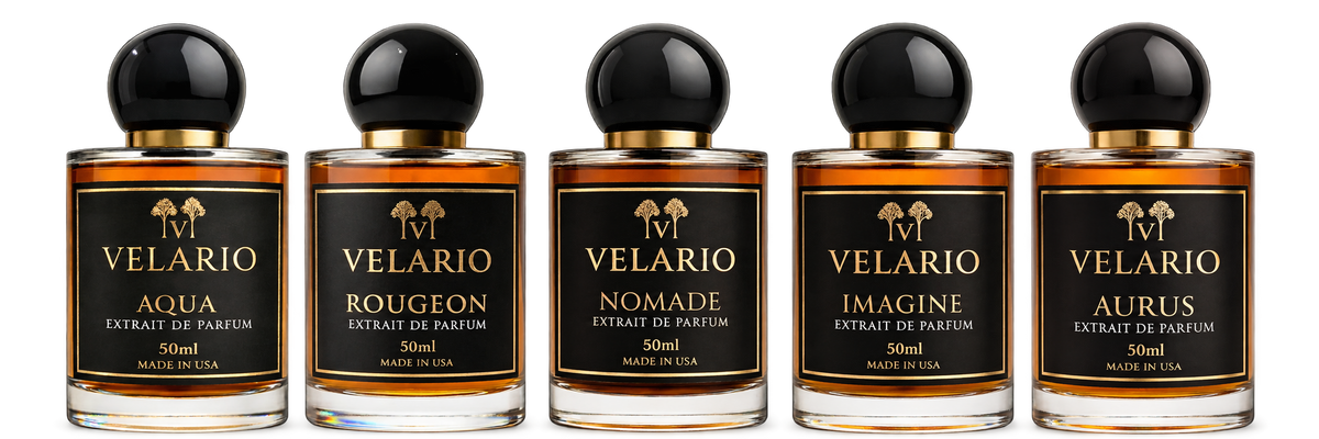 Velario Full Wardrobe five fragrance bottles — photographic studio collection